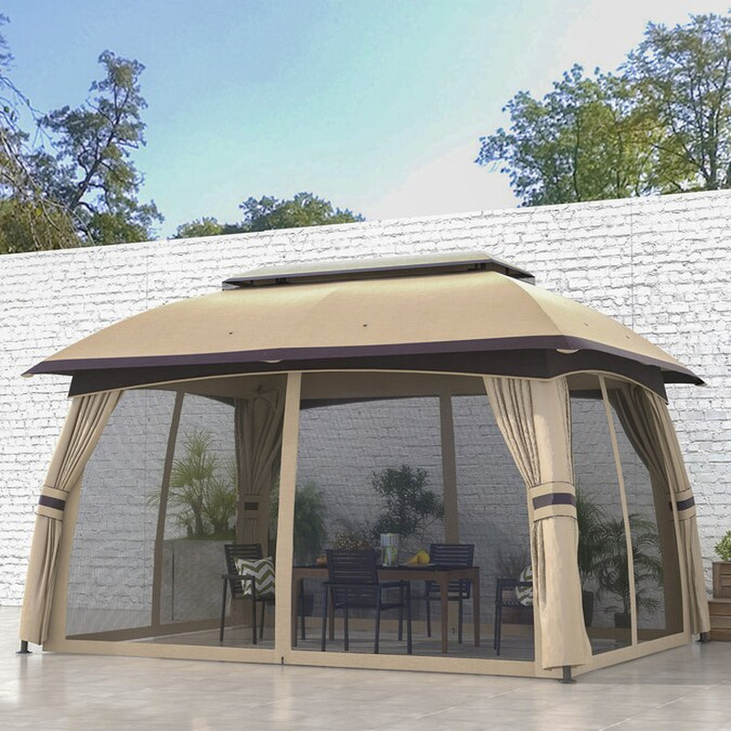 9.83-Ft X 13-Ft Outdoor Gazebo Canopy Shelter with Netting Beige Gazebo with Soft Top Roof