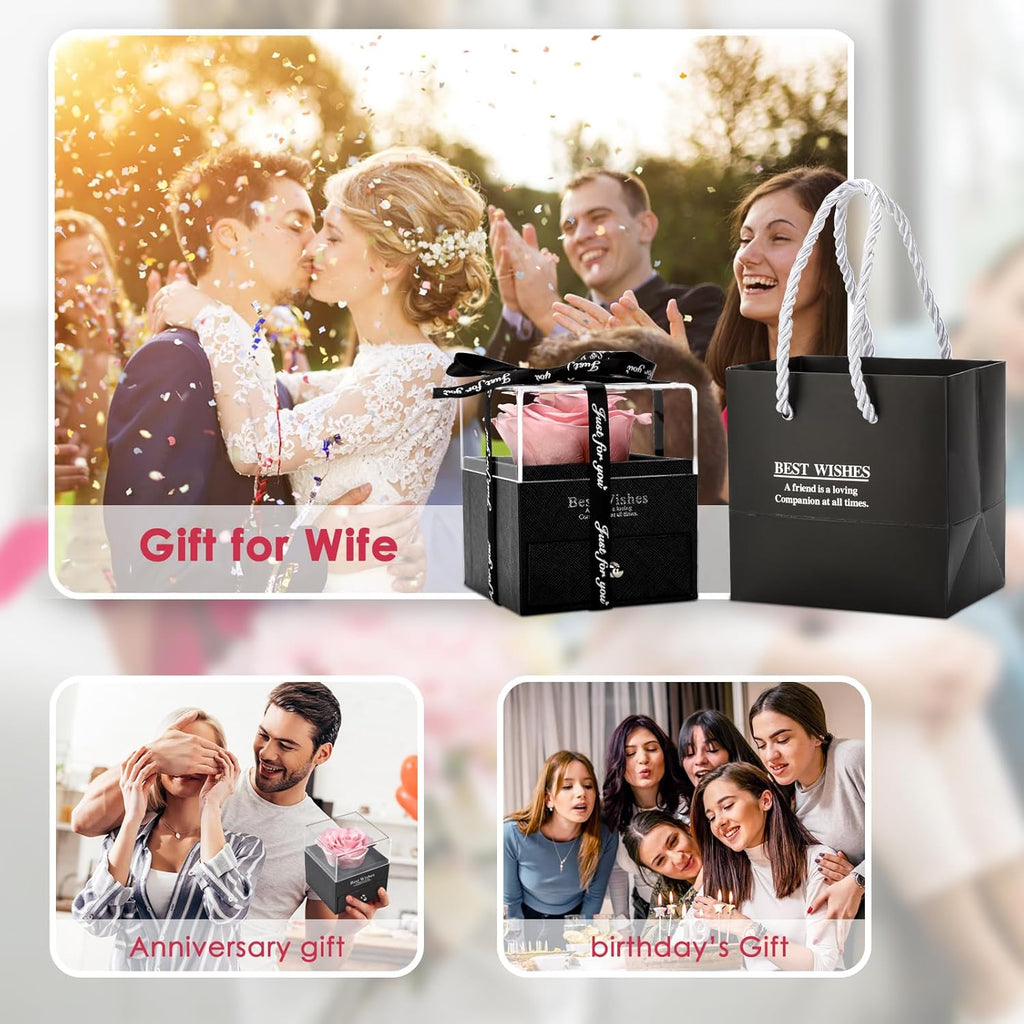 Birthday Gifts for Women,Christmas Flowers Gift for Women,Romantic Gift for Her,Preserved Real Rose with Necklace,Pink Fresh Rose in a Box,I Love You Gifts for Her